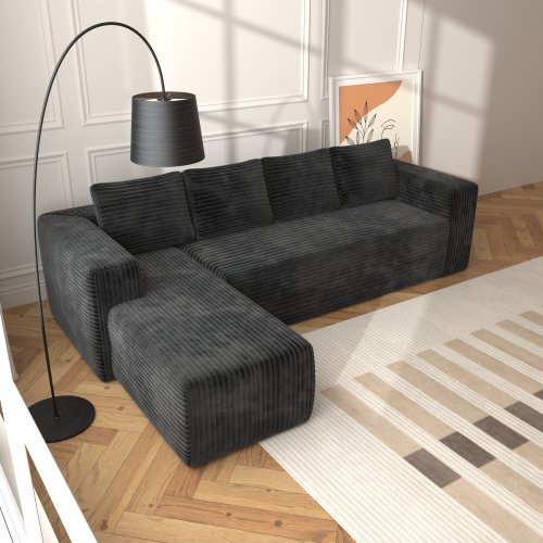 Cloud Sectional Couch With L-Shape Chaise,Modern Modular Sofa With Deep Seat, Upholstered Couches With Right Facing Chaise For Living Room Bedroom, No Assembly Required, Black Plush Corduroy Fabric