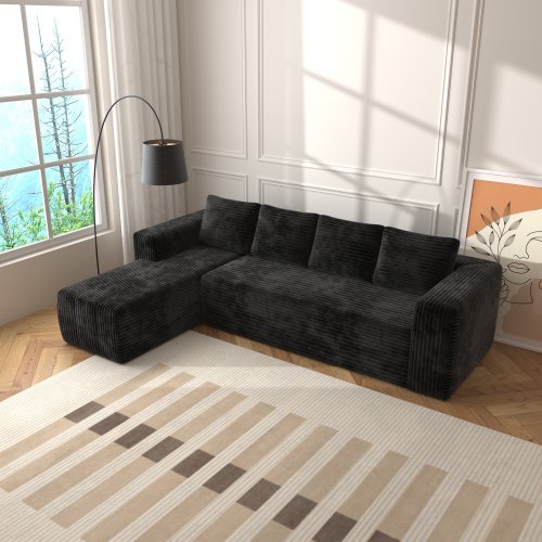 Cloud Sectional Couch With L-Shape Chaise,Modern Modular Sofa With Deep Seat, Upholstered Couches With Right Facing Chaise For Living Room Bedroom, No Assembly Required, Black Plush Corduroy Fabric